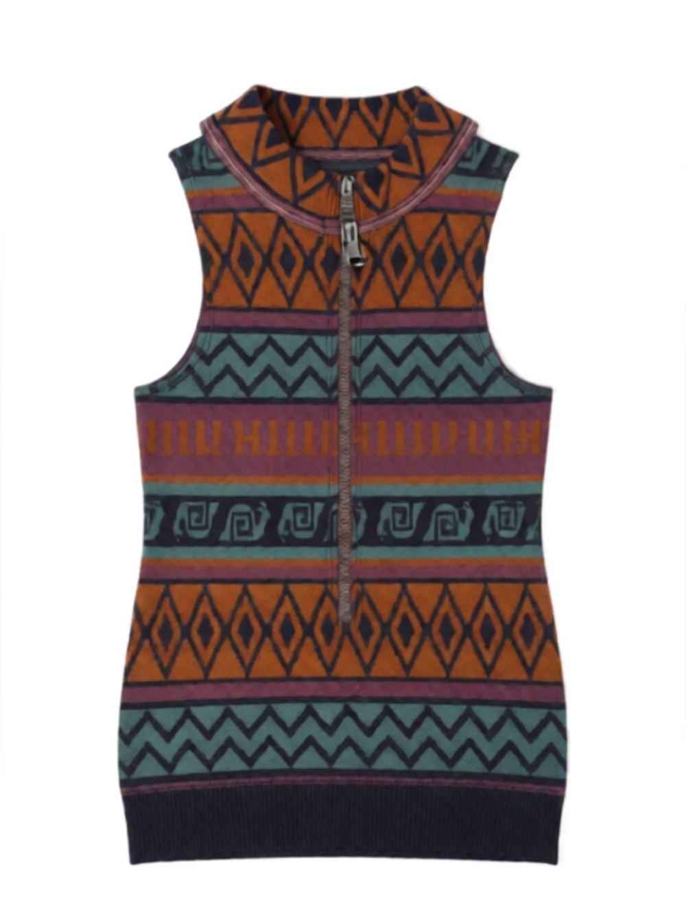 Geometric Knit Sleeveless Zip Front Top - Rust, Teal, Purple